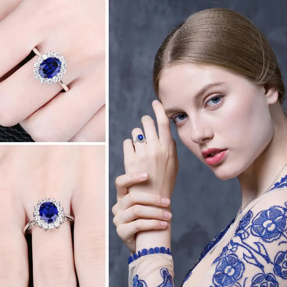 Princess Diana sapphire ring in 925 silver with a large blue sapphire gemstone and intricate silver band design.