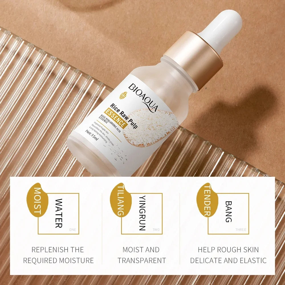 Craft Plus Rice Essence Hyaluronic Acid Brightening Face Serum in a sleek bottle, showcasing its clear, lightweight formula.