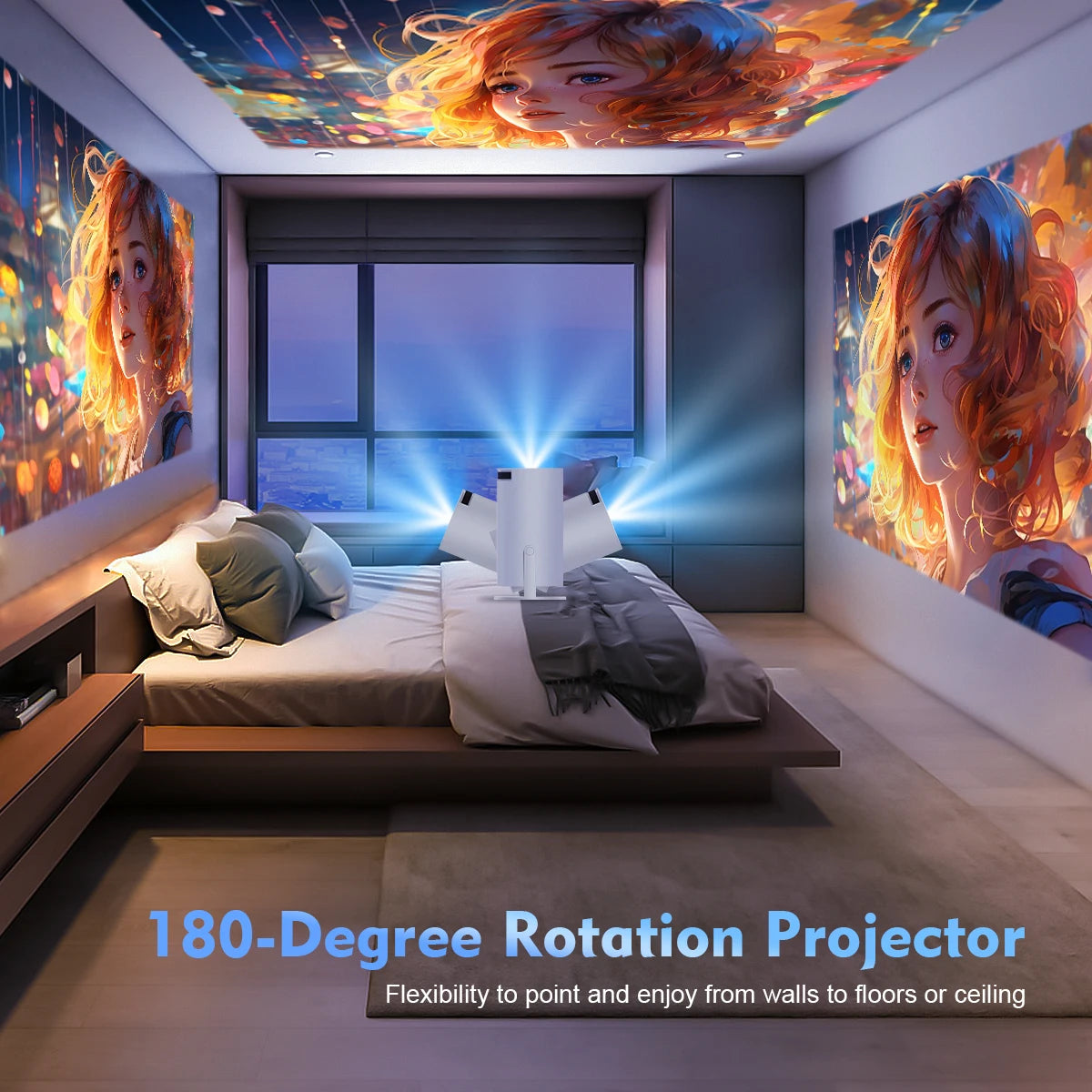 Craft Plus HY300 Pro 8K Android 14 projector displaying a vibrant, high-resolution image on a wall with a sleek design.