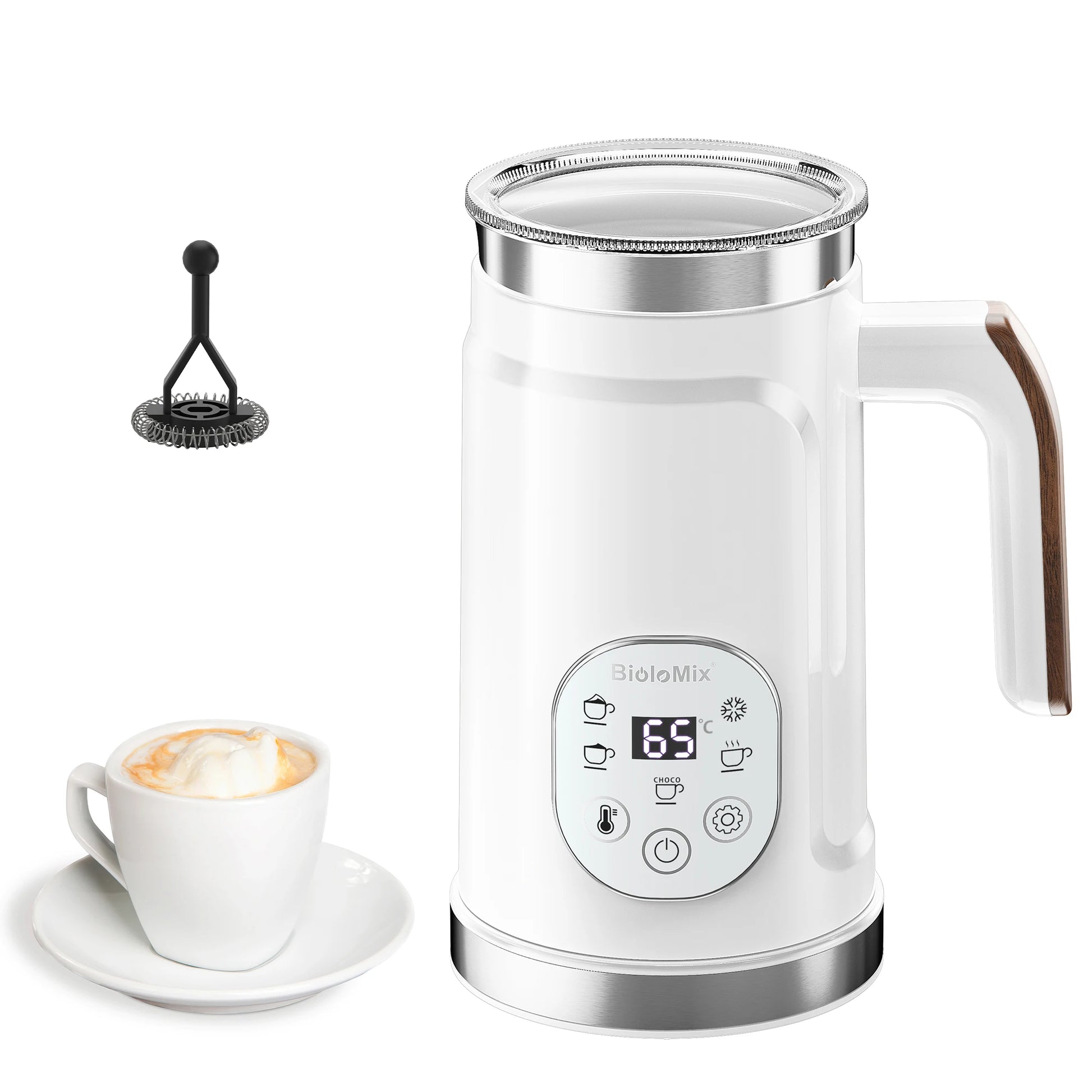 Craft Plus 5-in-1 milk frother with LED display, showing stainless steel frothing jug and control panel for coffee and milk frothing.