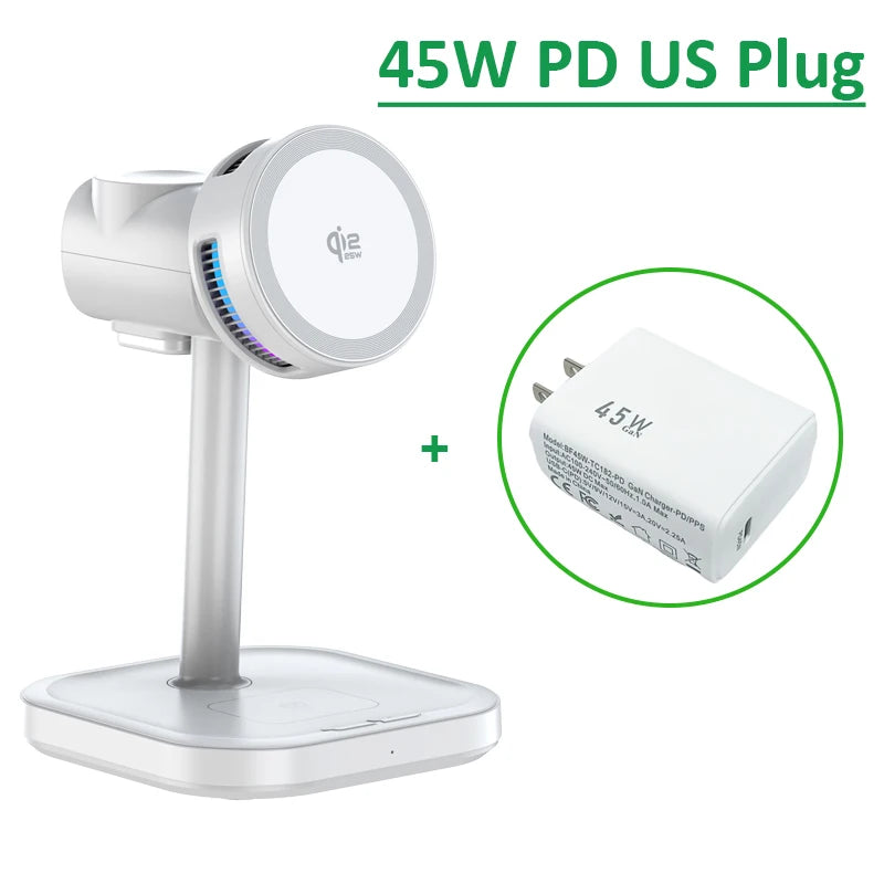 Craft Plus 25W 4-in-1 magnetic wireless charger stand with multiple device charging ports and sleek design.