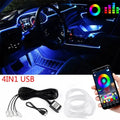RGB LED strip for car interior lighting by Craft Plus with app control, showing colorful LED lights inside a vehicle cabin.