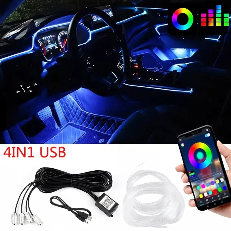 RGB LED strip for car interior lighting by Craft Plus with app control, showing colorful LED lights inside a vehicle cabin.