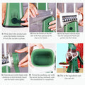 Craft Plus 5-in-1 rotary cheese grater with multiple blades for cheese, vegetables, and more, shown with different grating options.