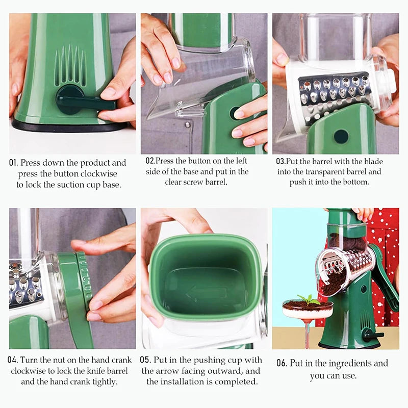 Craft Plus 5-in-1 rotary cheese grater with multiple blades for cheese, vegetables, and more, shown with different grating options.