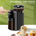 Craft Plus adjustable 28 electric burr coffee grinder displaying stainless steel grinding burrs and digital control panel.