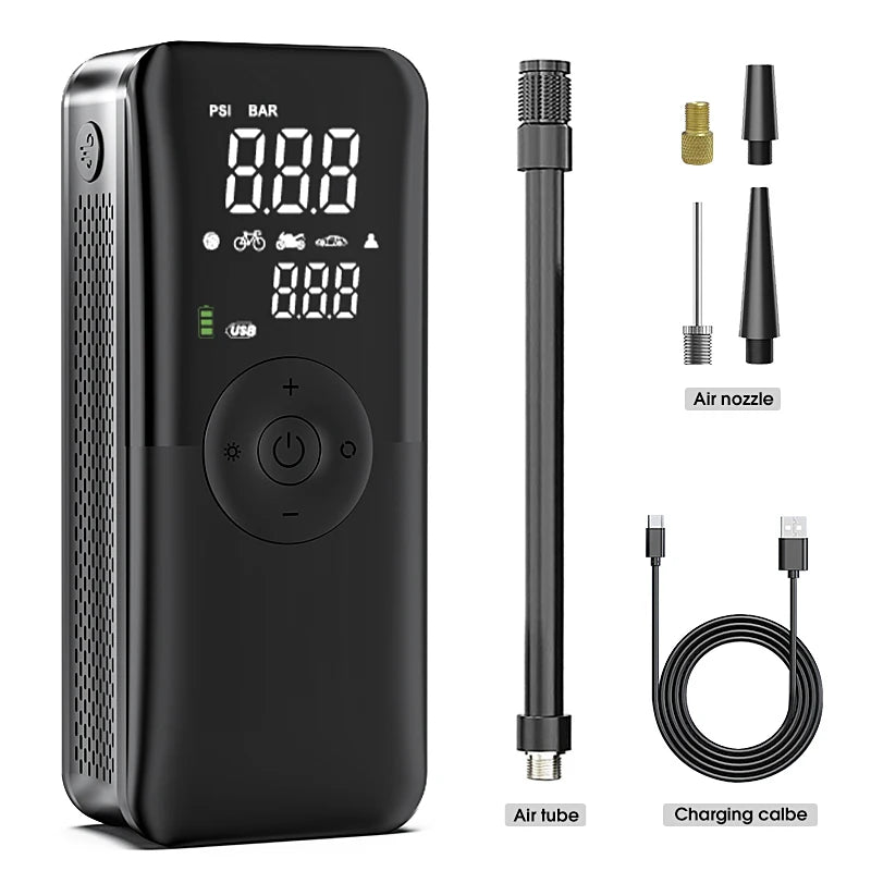 Rechargeable Craft Plus air pump tire inflator with digital pressure gauge and cordless design, suitable for car and bike tires.
