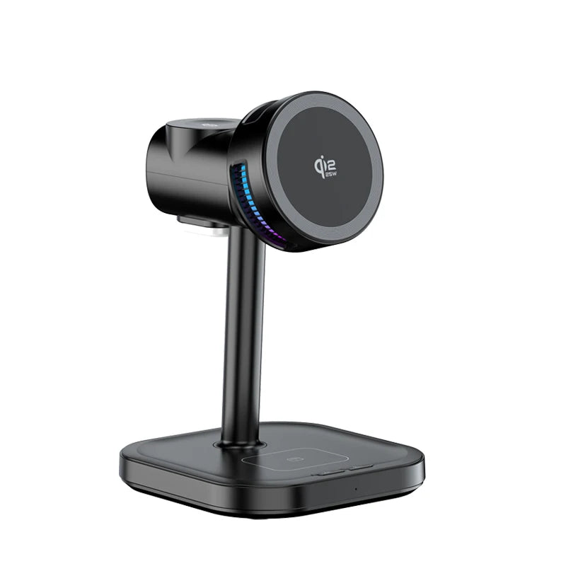Craft Plus 25W 4-in-1 magnetic wireless charger stand with multiple charging pads and sleek design, shown in black.