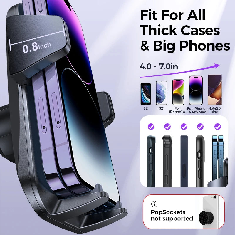 Upgraded military-grade car phone holder by Craft Plus securing a smartphone with adjustable grip in a vehicle.