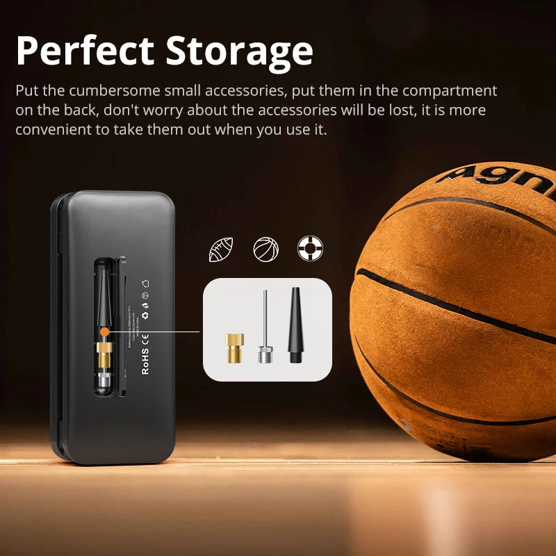 Rechargeable Craft Plus air pump tire inflator with digital display and nozzle, ready for inflating car or bike tires.
