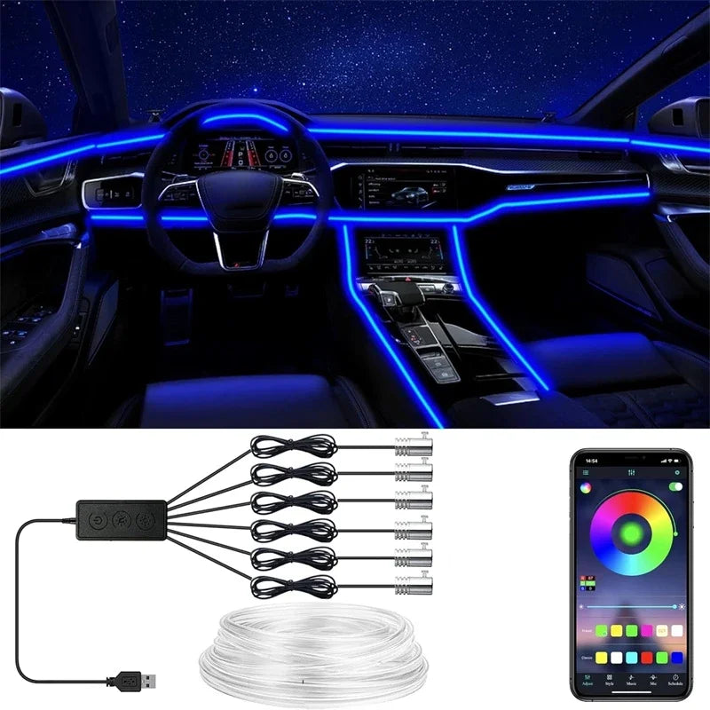RGB LED strip for car interior lights by Craft Plus, showing colorful illuminated LED strip with app control functionality.