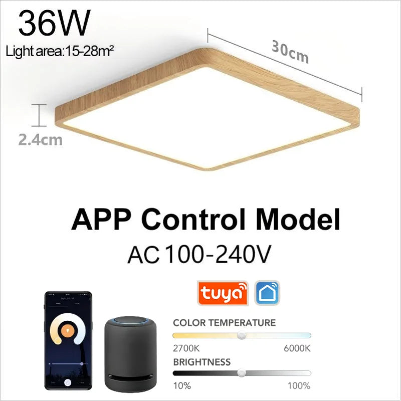 Smart LED ceiling lamp with wood grain finish from Craft Plus, featuring Alexa and Google voice control for modern home lighting.