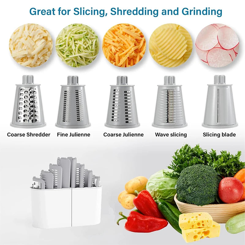Craft Plus 5-in-1 rotary cheese grater with multiple stainless steel blades for versatile cheese and vegetable shredding.