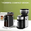 Craft Plus adjustable 28 electric burr coffee grinder showing a sleek black machine with a transparent bean hopper and control dial.