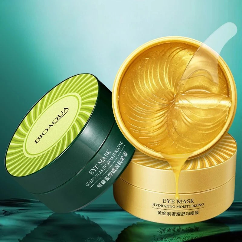 Craft Plus collagen eye mask gel patches for puffiness and wrinkles, showing soothing eye patches on a model's under-eye area