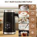 Craft Plus 5-in-1 Milk Frother with LED display, showing stainless steel body and frothing attachments for coffee and hot drinks.