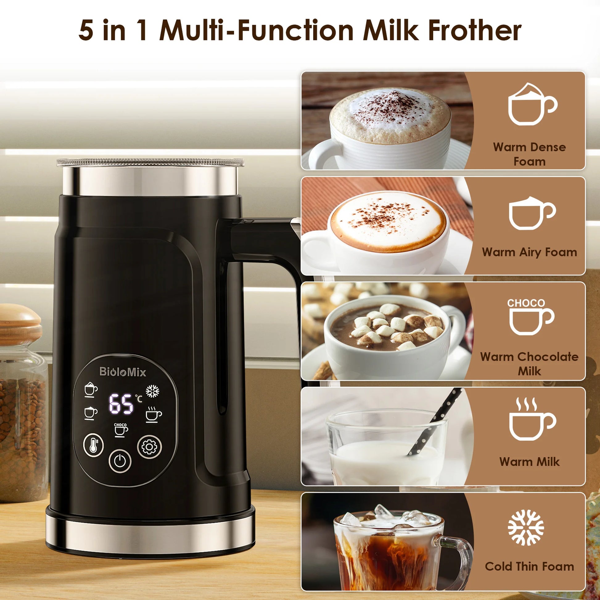 Craft Plus 5-in-1 Milk Frother with LED display, showing stainless steel body and frothing attachments for coffee and hot drinks.