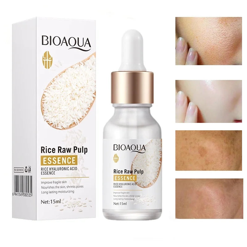 Craft Plus Rice Essence Hyaluronic Acid Brightening Face Serum bottle with dropper, skincare product for hydration and glow.
