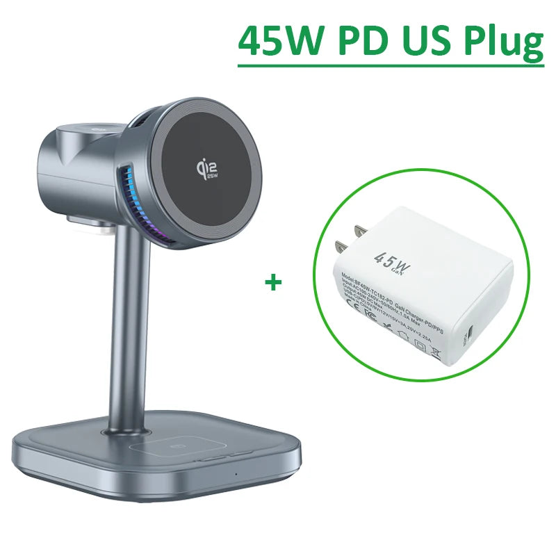 Craft Plus 25W 4-in-1 magnetic wireless charger stand with multiple device charging ports and sleek design.
