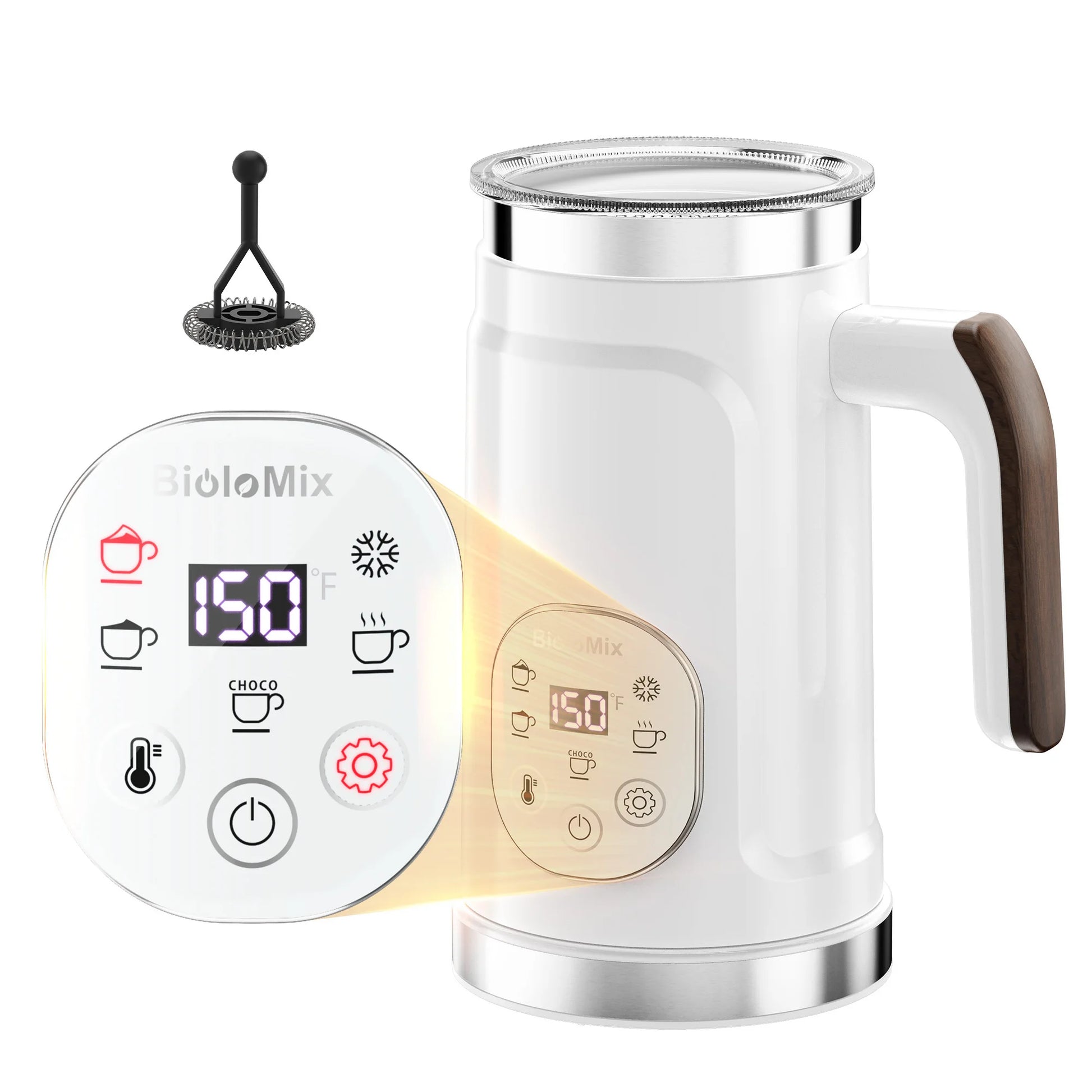 Craft Plus 5-in-1 milk frother with LED display showing stainless steel body and frothing attachments for coffee and drinks.