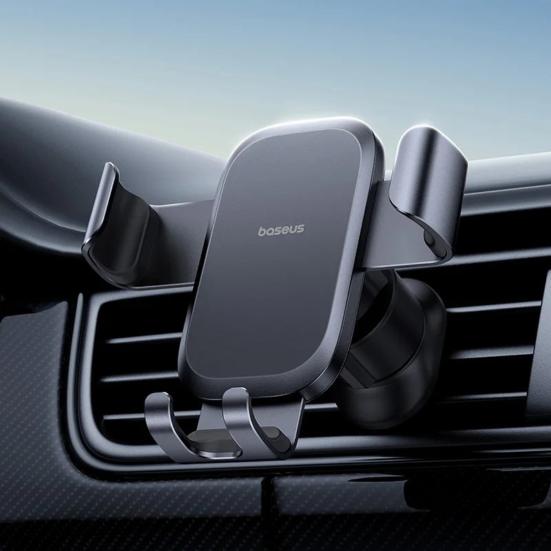 Craft Plus metal air vent mount for smartphones, clip-on design, shown attached to car air vent with a smartphone secured in place.