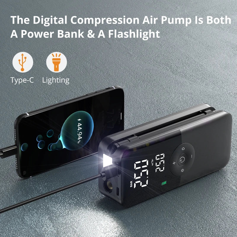 Craft Plus rechargeable air pump tire inflator with digital display, compact design, and rechargeable battery in black.
