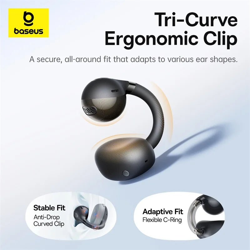 Open-ear wireless earbud by Craft Plus with sleek design and ear clip, suitable for comfortable, hands-free listening.