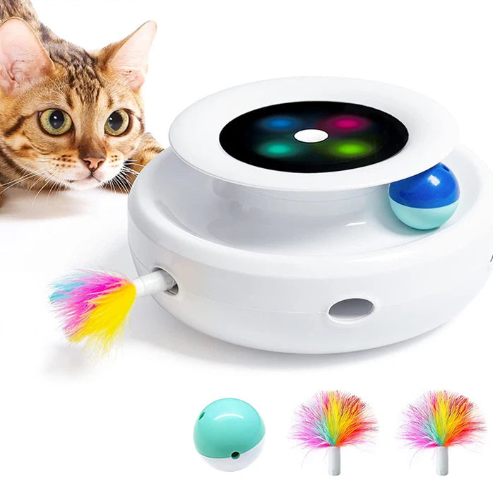 Craft Plus 2-in-1 automatic feather and fun ball for cats and dogs, with colorful feathers and a playful design.