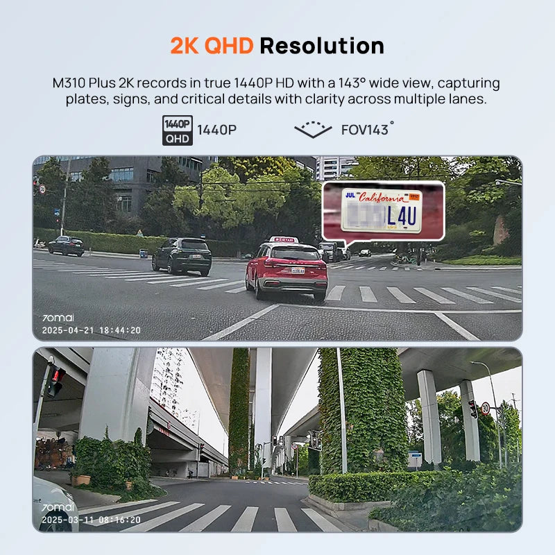 Craft Plus 1440P dash cam with parking monitor capturing clear front view and parking surveillance in a compact device.