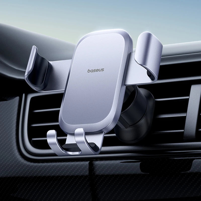 Metal air vent mount for smartphones by Craft Plus, shown attached to a car air vent holding a smartphone securely.
