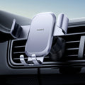 Metal air vent mount for smartphones by Craft Plus, shown attached to a car air vent holding a smartphone securely.