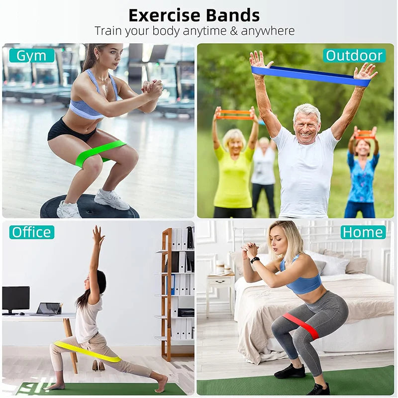 Set of resistance bands for yoga and fitness training in various colors, ideal for strength exercises and flexible workout routines.