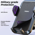 Upgraded military-grade Car Phone Holder by Craft Plus mounted on vehicle dashboard, secure phone grip with adjustable arms.