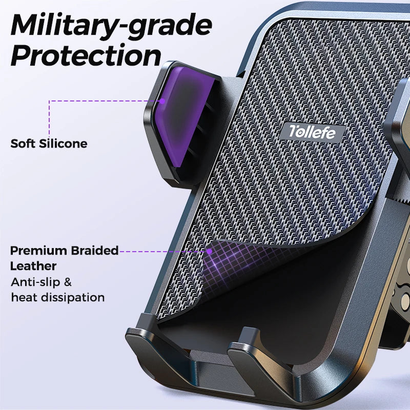 Upgraded military-grade Car Phone Holder by Craft Plus mounted on vehicle dashboard, secure phone grip with adjustable arms.