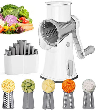 Craft Plus 5-in-1 rotary cheese grater with multiple blades for versatile cheese, vegetable, and fruit grating in a compact kitchen tool.