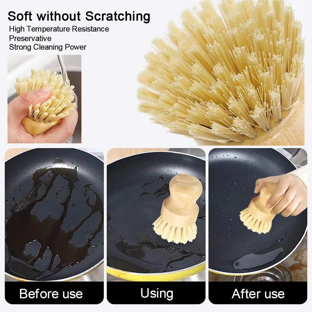 Bamboo eco-friendly dish scrub brush by Craft Plus with natural bristles for cleaning dishes and kitchenware.