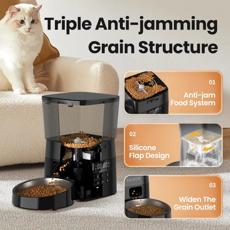 Automatic pet food feeder dispenser by Craft Plus, showing a sleek device with food compartments and digital controls.