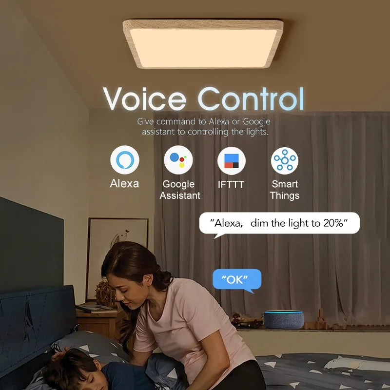 Smart LED ceiling lamp with wood grain finish by Craft Plus, featuring Alexa and Google voice control for modern home lighting.