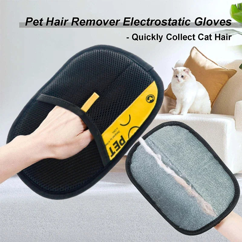 Craft Plus electrostatic pet hair remover grooming gloves showing textured surface for removing pet fur from fur and furniture.