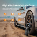 Craft Plus rechargeable air pump tire inflator with digital display, compact design, and multiple nozzle attachments for inflating tires.