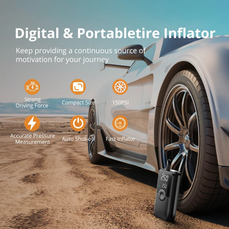 Craft Plus rechargeable air pump tire inflator with digital display, compact design, and multiple nozzle attachments for inflating tires.