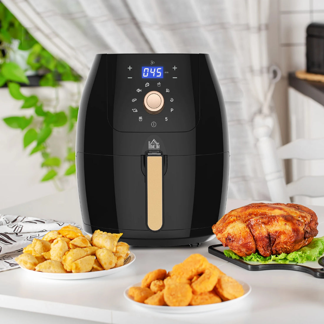 Craft Plus 5.5L 1700W air fryer with digital display, showing a sleek black design and cooking basket inside.