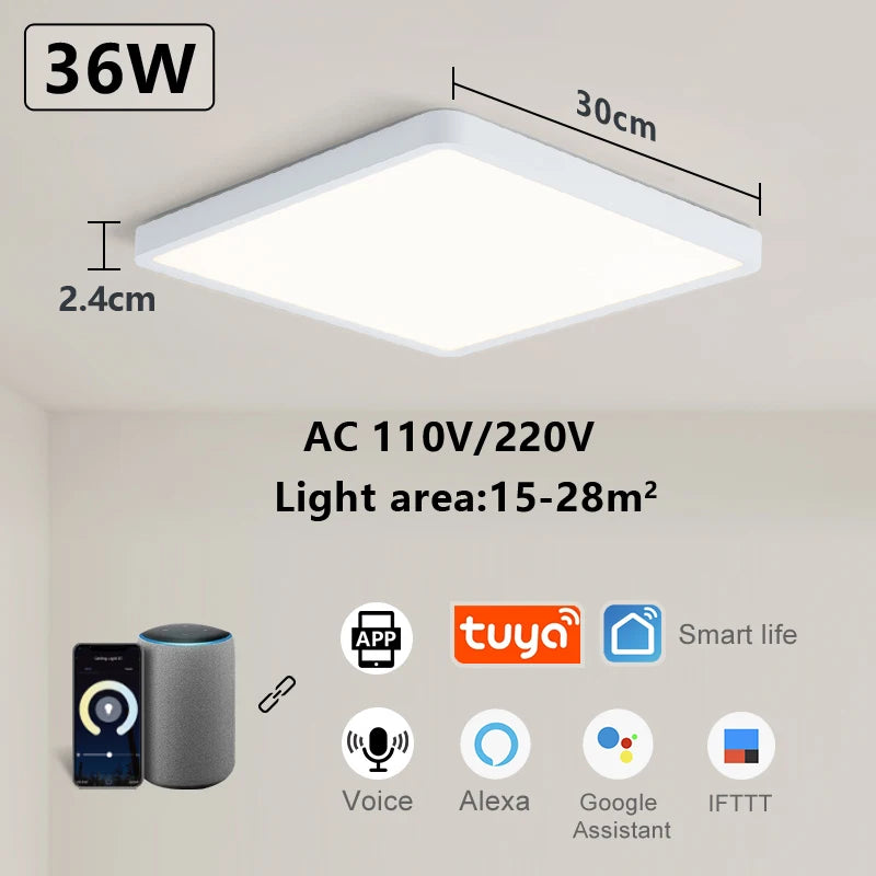Smart LED ceiling lamp with wood grain finish, featuring Alexa and Google voice control by Craft Plus.