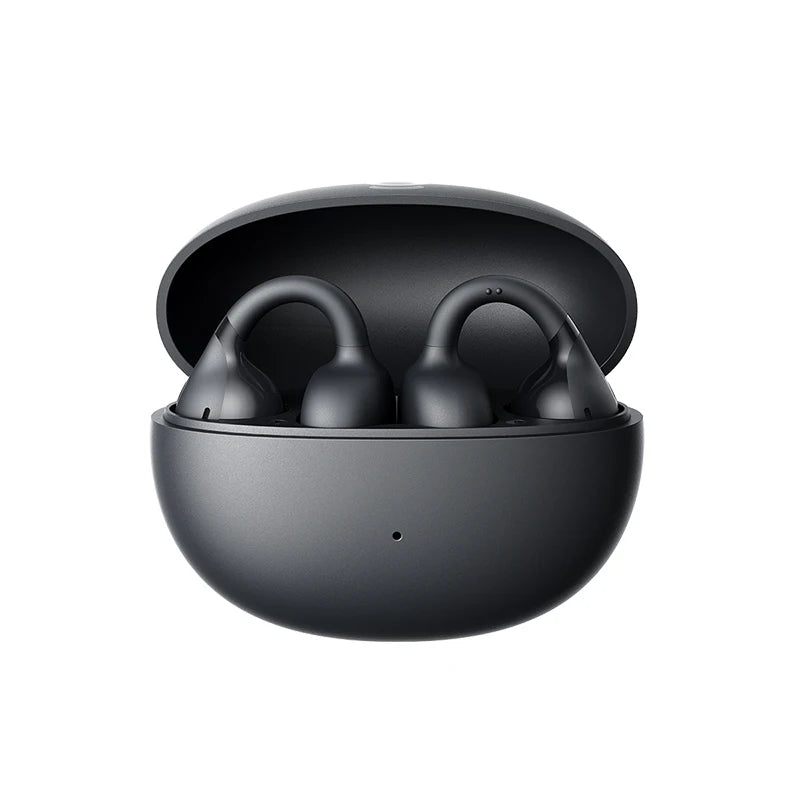 Craft Plus open-ear wireless ear clip earbud shown on a user's ear with sleek design and comfortable fit.