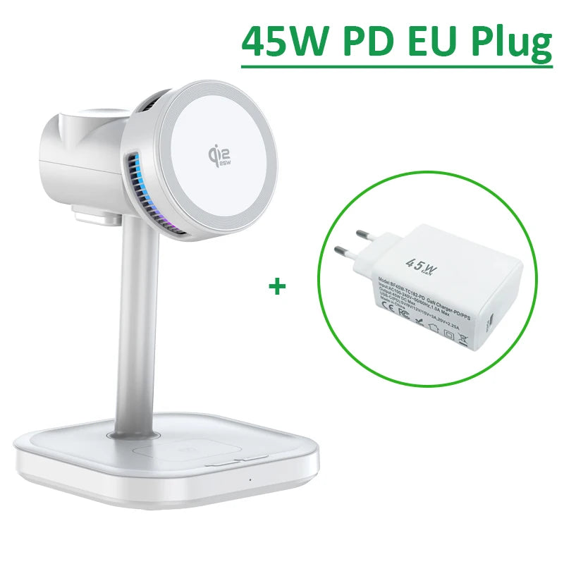 Craft Plus 25W 4-in-1 magnetic wireless charger stand with multiple device charging ports and sleek design.