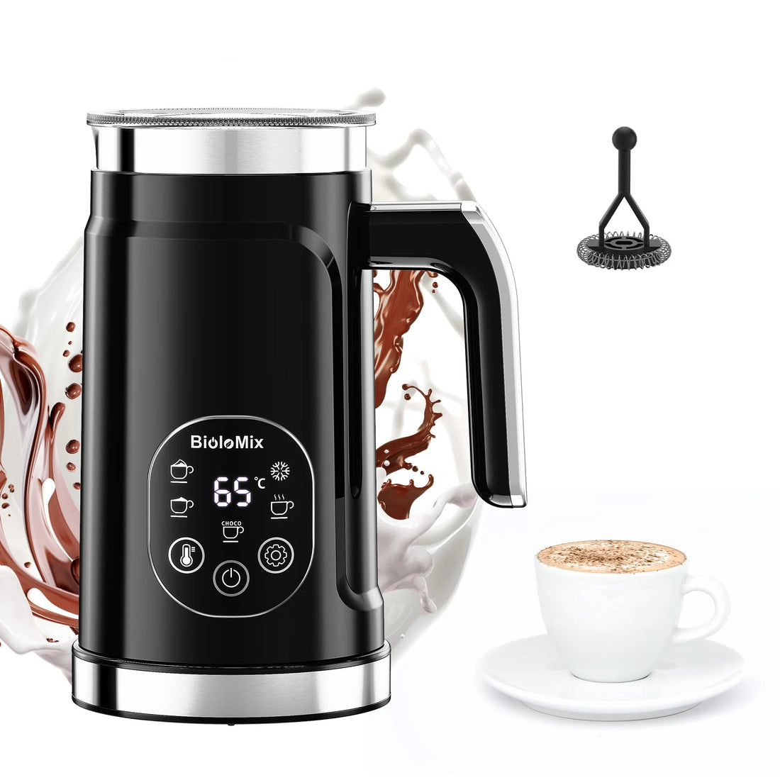 Craft Plus 5-in-1 milk frother with LED display, showing stainless steel body, control buttons, and frothing attachments.