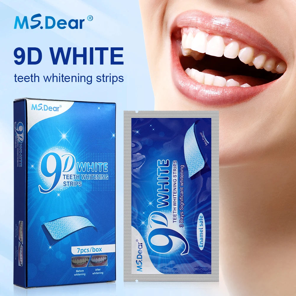 Craft Plus 9D Gel Teeth Whitening Strips shown on a white background, featuring packaging and strips ready for use.