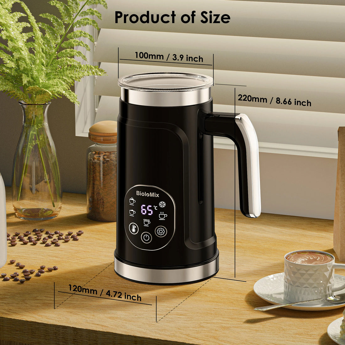 Craft Plus 5-in-1 milk frother with LED display, showing stainless steel body, control buttons, and frothing attachments.