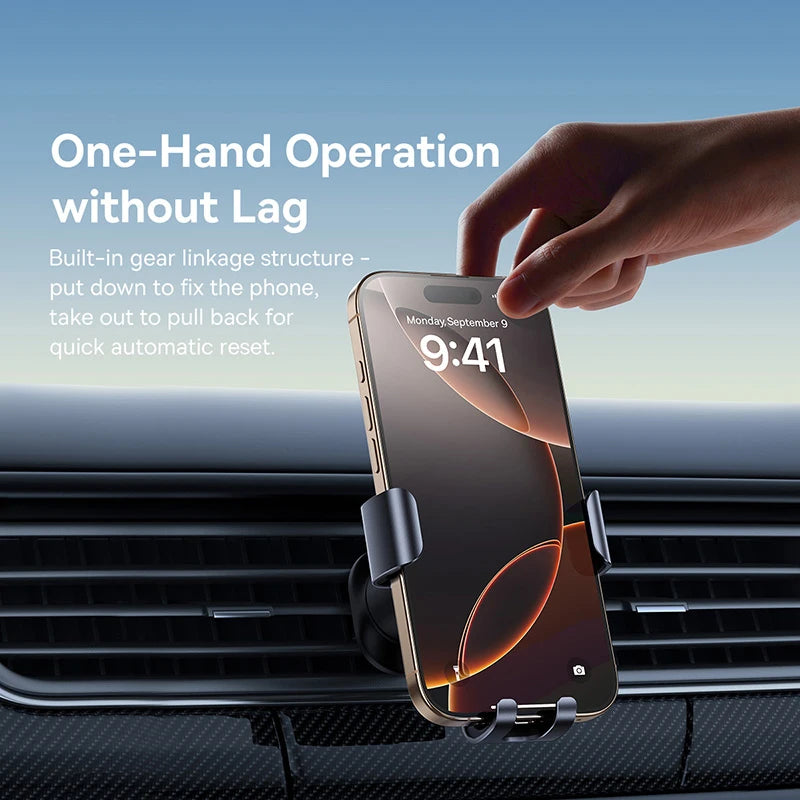 Craft Plus Metal Air Vent Mount for smartphones attached to a car air vent, securely holding a smartphone in place.