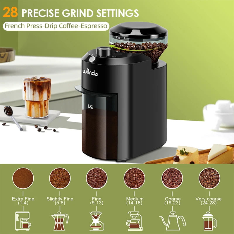 Craft Plus adjustable 28 electric burr coffee grinder machine with stainless steel burrs and compact design.
